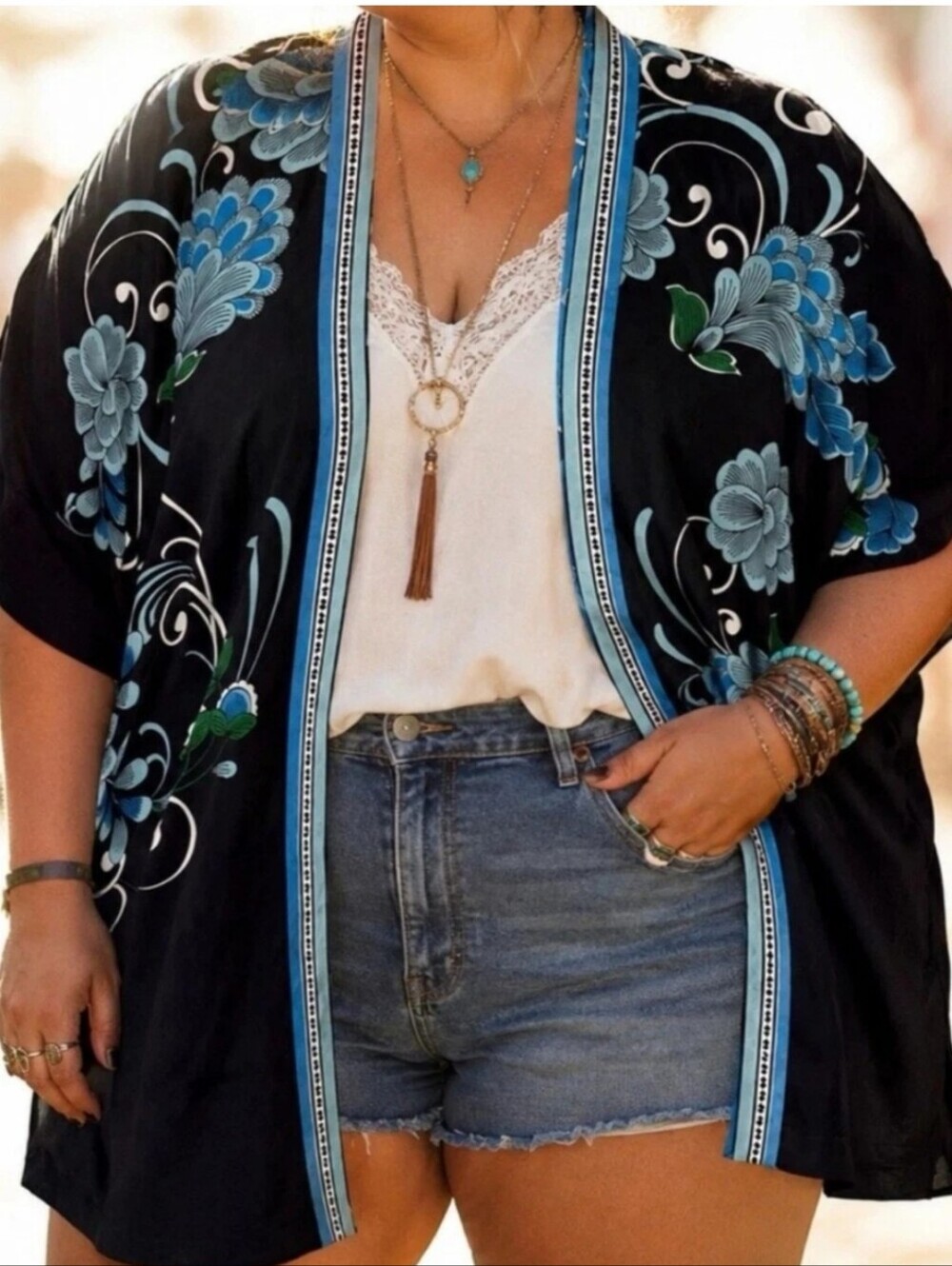Chico's Black Blue Floral Print Kimono Or Cover-up With Matching Scarf Or Tie S